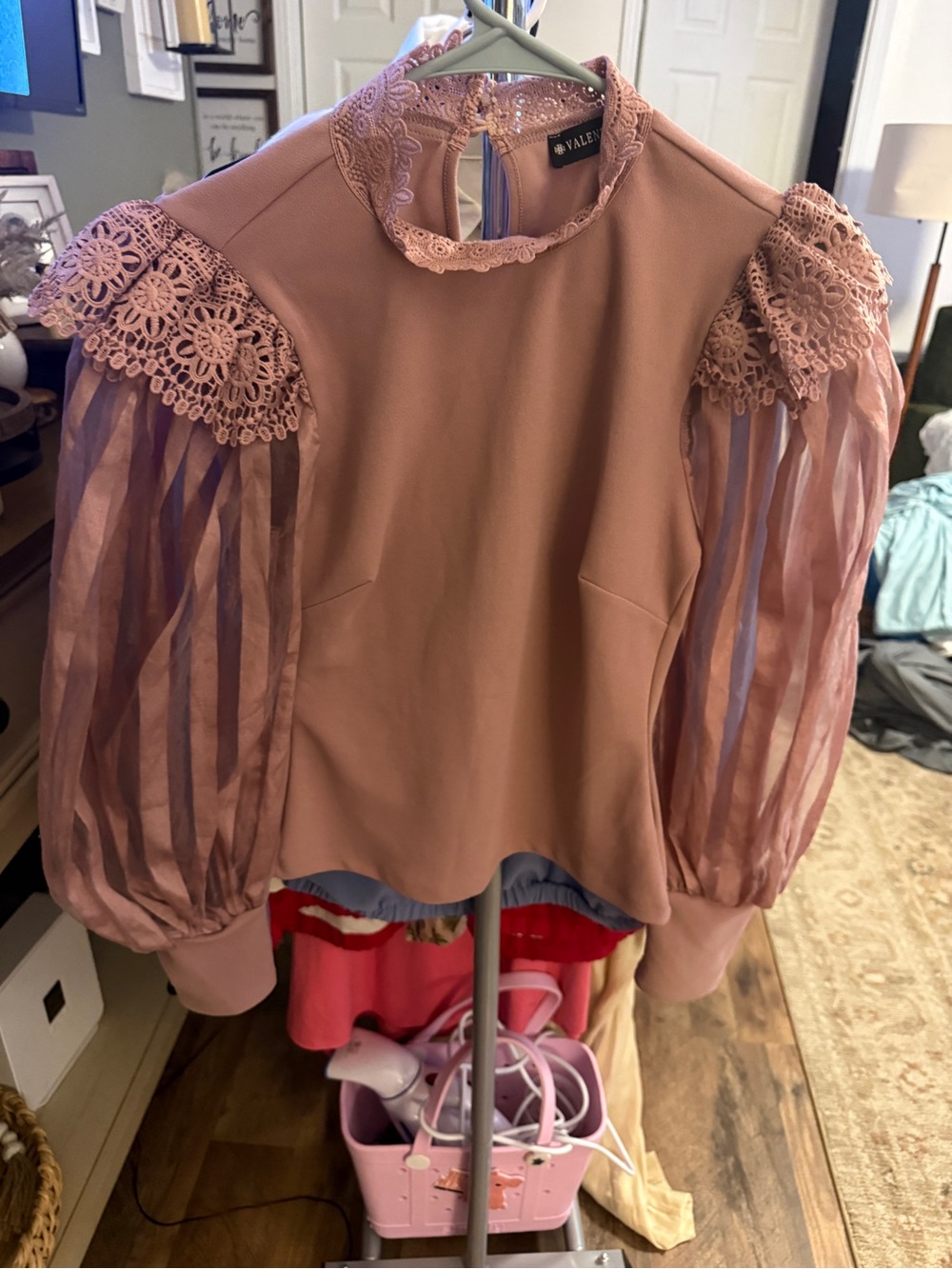 Valentine Dusty Rose Lace Yoke Puff Sleeve Blouse Size Small
